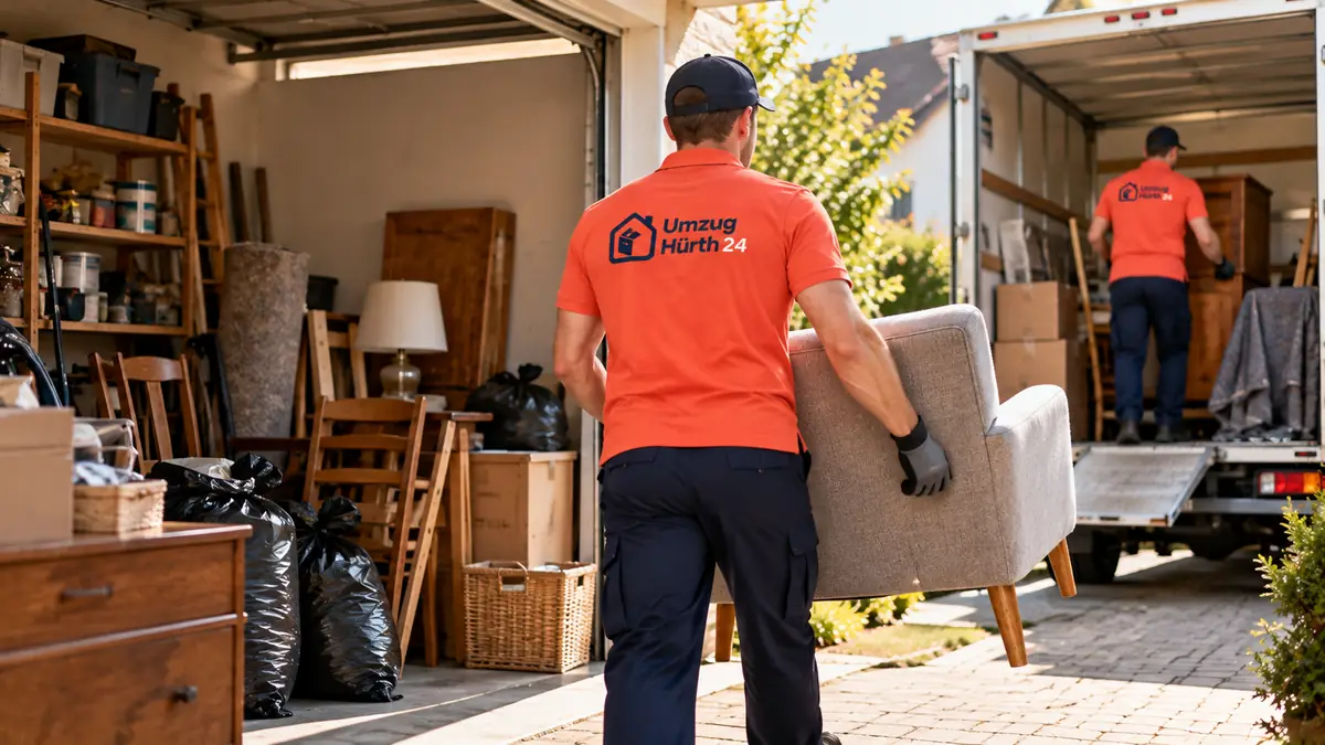 Entrümpelung Hürth: Umzugshelfer trägt Sessel aus der Garage zum LKW