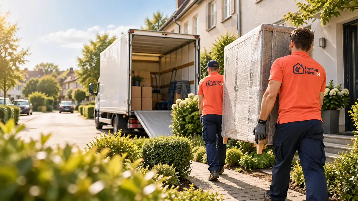 Umzug Hürth: zwei Umzugshelfer von Umzug Hürth 24 tragen ein eingepacktes Möbelstück zum LKW